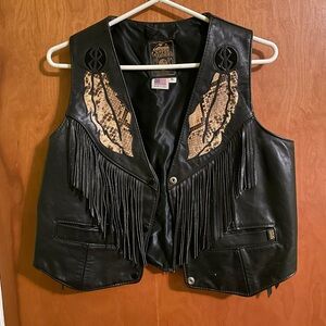Black Leather Biker Vest with Fringe and Snakeskin Detail